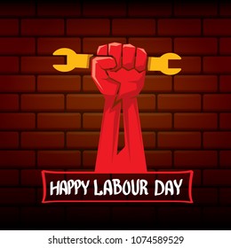 1 may - happy labour day. vector happy labour day poster or banner with clenched fist. workers day poster. labour day label or badge