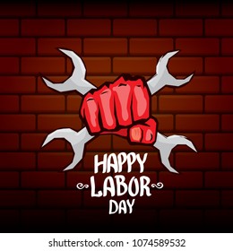 1 may - happy labour day. vector happy labour day poster or banner with clenched fist. workers day poster. labour day label or badge