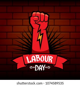 1 may - happy labour day. vector happy labour day poster or banner with clenched fist. workers day poster. labour day label or badge