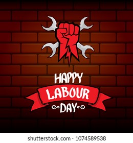 1 may - happy labour day. vector happy labour day poster or banner with clenched fist. workers day poster. labour day label or badge