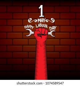 1 may - happy labour day. vector happy labour day poster or banner with clenched fist. workers day poster. labour day label or badge