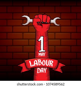 1 may - happy labour day. vector happy labour day poster or banner with clenched fist. workers day poster. labour day label or badge