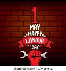 1 may - happy labour day. vector happy labour day poster or banner with clenched fist. workers day poster. labour day label or badge