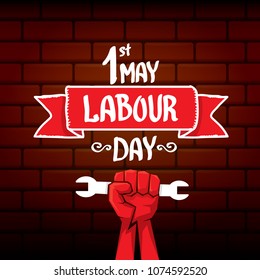 1 may - happy labour day. vector happy labour day poster or banner with clenched fist. workers day poster. labour day label or badge