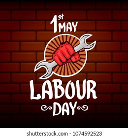 1 may - happy labour day. vector happy labour day poster or banner with clenched fist. workers day poster. labour day label or badge