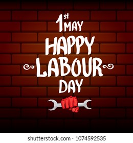 1 may - happy labour day. vector happy labour day poster or banner with clenched fist. workers day poster. labour day label or badge