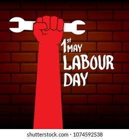 1 may - happy labour day. vector happy labour day poster or banner with clenched fist. workers day poster. labour day label or badge