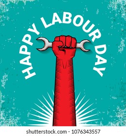 1 may Happy labour day vector label with strong red fist on torquise background . labor day background or banner with man hand. workers may day poster