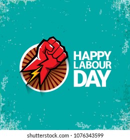 1 may Happy labour day vector label with strong red fist on torquise background . labor day background or banner with man hand. workers may day poster