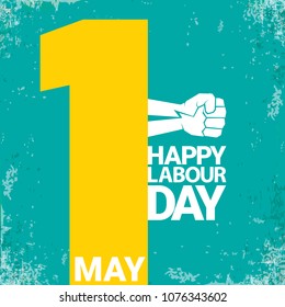 1 may Happy labour day vector label with strong red fist on torquise background . labor day background or banner with man hand. workers may day poster