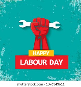 1 may Happy labour day vector label with strong red fist on torquise background . labor day background or banner with man hand. workers may day poster