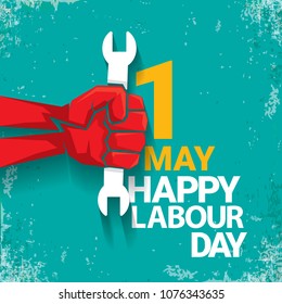 1 may Happy labour day vector label with strong red fist on torquise background . labor day background or banner with man hand. workers may day poster