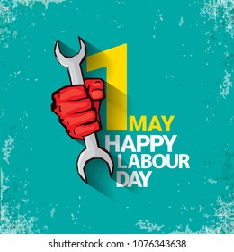 1 may Happy labour day vector label with strong red fist on torquise background . labor day background or banner with man hand. workers may day poster
