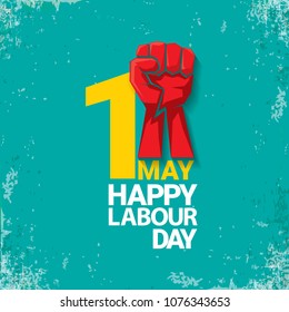 1 may Happy labour day vector label with strong red fist on torquise background . labor day background or banner with man hand. workers may day poster