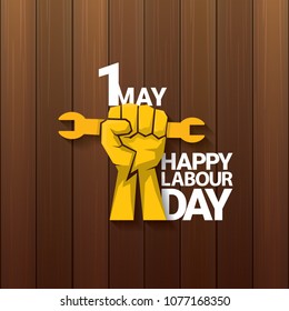 1 may Happy labour day vector label with strong orange fist on wooden background . labor day background or banner with man hand. workers may day poster