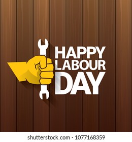 1 may Happy labour day vector label with strong orange fist on wooden background . labor day background or banner with man hand. workers may day poster
