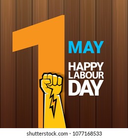 1 may Happy labour day vector label with strong orange fist on wooden background . labor day background or banner with man hand. workers may day poster