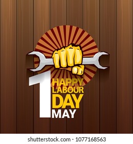 1 may Happy labour day vector label with strong orange fist on wooden background . labor day background or banner with man hand. workers may day poster