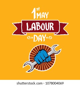 1 may - happy labour day. vector happy labour day poster or banner with clenched fist. workers day poster. labour day label or badge
