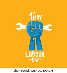 1 may - happy labour day. vector happy labour day poster or banner with clenched fist. workers day poster. labour day label or badge
