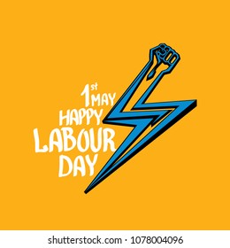 1 may - happy labour day. vector happy labour day poster or banner with clenched fist. workers day poster. labour day label or badge
