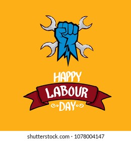 1 may - happy labour day. vector happy labour day poster or banner with clenched fist. workers day poster. labour day label or badge
