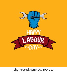 1 may - happy labour day. vector happy labour day poster or banner with clenched fist. workers day poster. labour day label or badge
