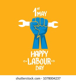 1 may - happy labour day. vector happy labour day poster or banner with clenched fist. workers day poster. labour day label or badge
