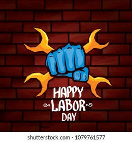 1 may - happy labour day. vector happy labour day poster or banner with clenched fist. workers day poster. labour day label or badge