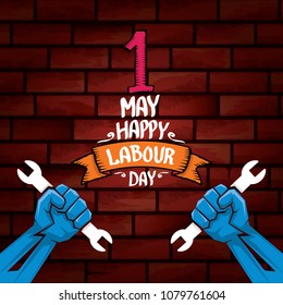 1 may - happy labour day. vector happy labour day poster or banner with clenched fist. workers day poster. labour day label or badge