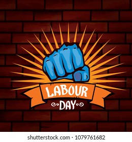1 may - happy labour day. vector happy labour day poster or banner with clenched fist. workers day poster. labour day label or badge