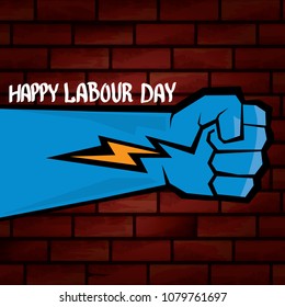 1 may - happy labour day. vector happy labour day poster or banner with clenched fist. workers day poster. labour day label or badge