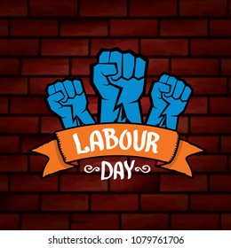 1 may - happy labour day. vector happy labour day poster or banner with clenched fist. workers day poster. labour day label or badge