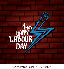 1 may - happy labour day. vector happy labour day poster or banner with clenched fist. workers day poster. labour day label or badge