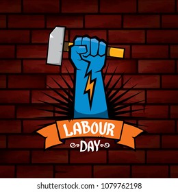 1 may - happy labour day. vector happy labour day poster or banner with clenched fist. workers day poster. labour day label or badge