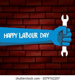1 may - happy labour day. vector happy labour day poster or banner with clenched fist. workers day poster. labour day label or badge