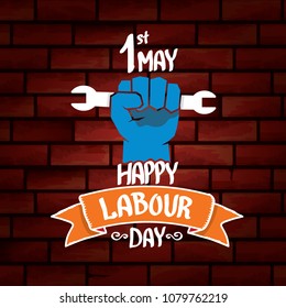 1 may - happy labour day. vector happy labour day poster or banner with clenched fist. workers day poster. labour day label or badge