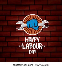 1 may - happy labour day. vector happy labour day poster or banner with clenched fist. workers day poster. labour day label or badge