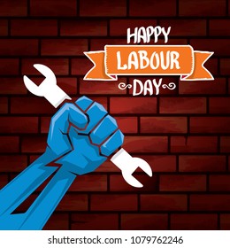 1 may - happy labour day. vector happy labour day poster or banner with clenched fist. workers day poster. labour day label or badge