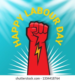 1 may - happy labour day. vector happy labour day poster or banner with clenched fist. workers day poster. labour day label or badge