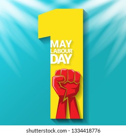 1 may - happy labour day. vector happy labour day poster or banner with clenched fist. workers day poster. labour day label or badge