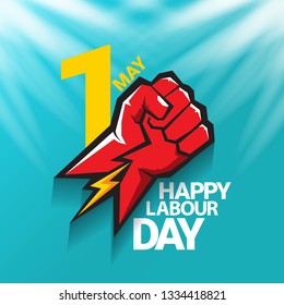 1 may - happy labour day. vector happy labour day poster or banner with clenched fist. workers day poster. labour day label or badge