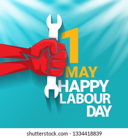 1 may - happy labour day. vector happy labour day poster or banner with clenched fist. workers day poster. labour day label or badge