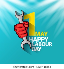 1 may - happy labour day. vector happy labour day poster or banner with clenched fist. workers day poster. labour day label or badge