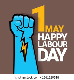 1 may - happy labour day. vector happy labour day poster or banner with clenched fist. workers day poster. labour day label or badge 