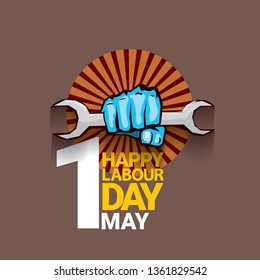 1 may - happy labour day. vector happy labour day poster or banner with clenched fist. workers day poster. labour day label or badge 