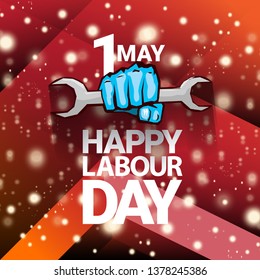 1 may - happy labour day. vector happy labour day poster or banner with blue clenched fist. workers day poster. labour day label or badge