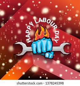 1 may - happy labour day. vector happy labour day poster or banner with blue clenched fist. workers day poster. labour day label or badge