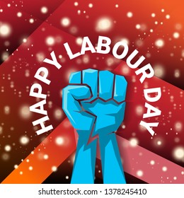 1 may - happy labour day. vector happy labour day poster or banner with blue clenched fist. workers day poster. labour day label or badge