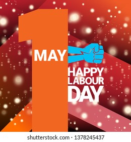 1 may - happy labour day. vector happy labour day poster or banner with blue clenched fist. workers day poster. labour day label or badge